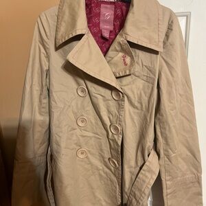 Beige Double-Breasted Trench Coat with Pink Lining